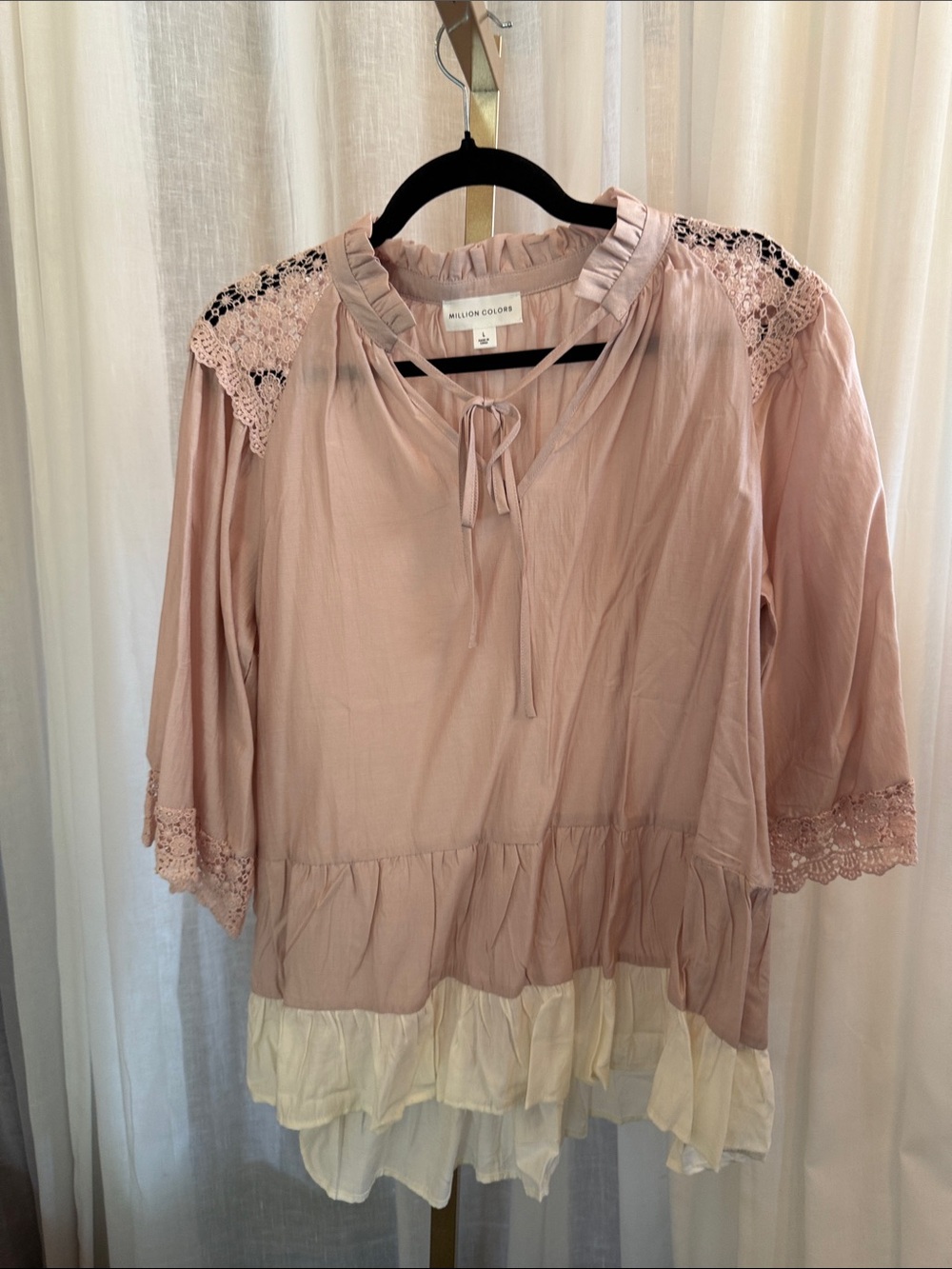 Blush Pink Lace-Trim Tiered Peasant Top